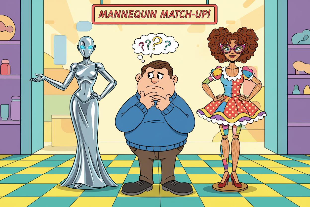 Een man die twijfelt tussen twee verschillende materialen sexpoppen