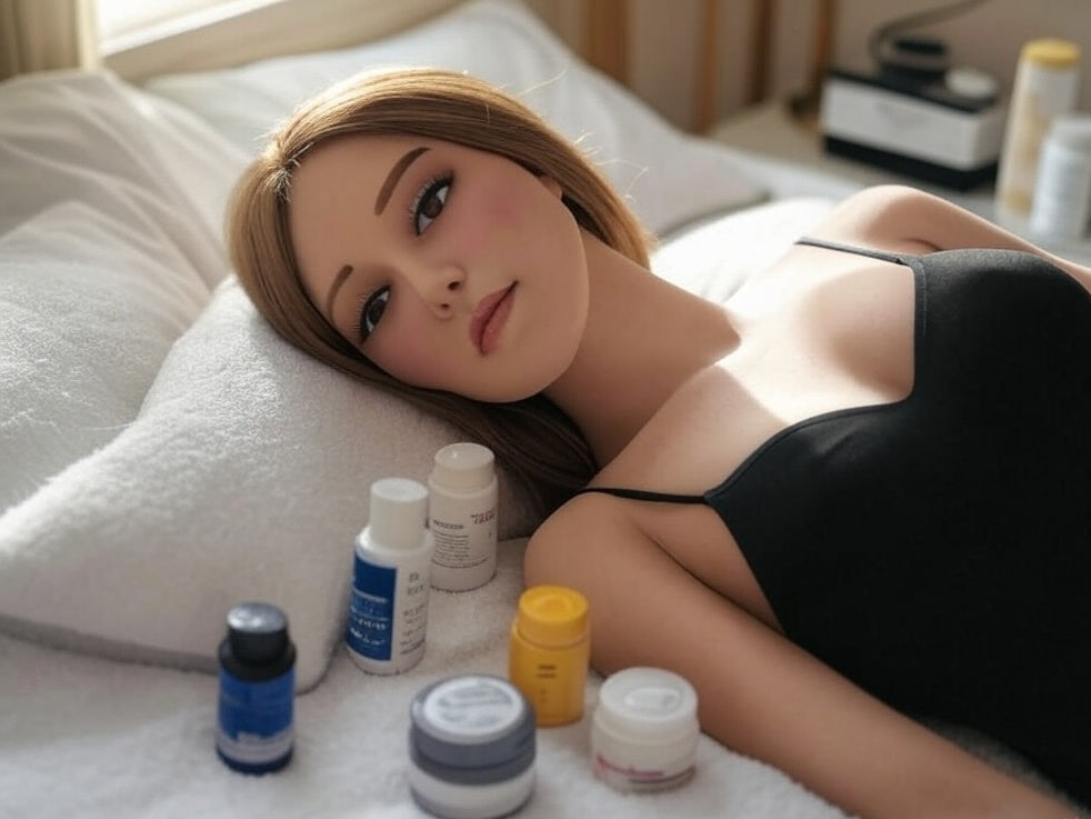 liggende sexpop op bed met reinigingsspullen