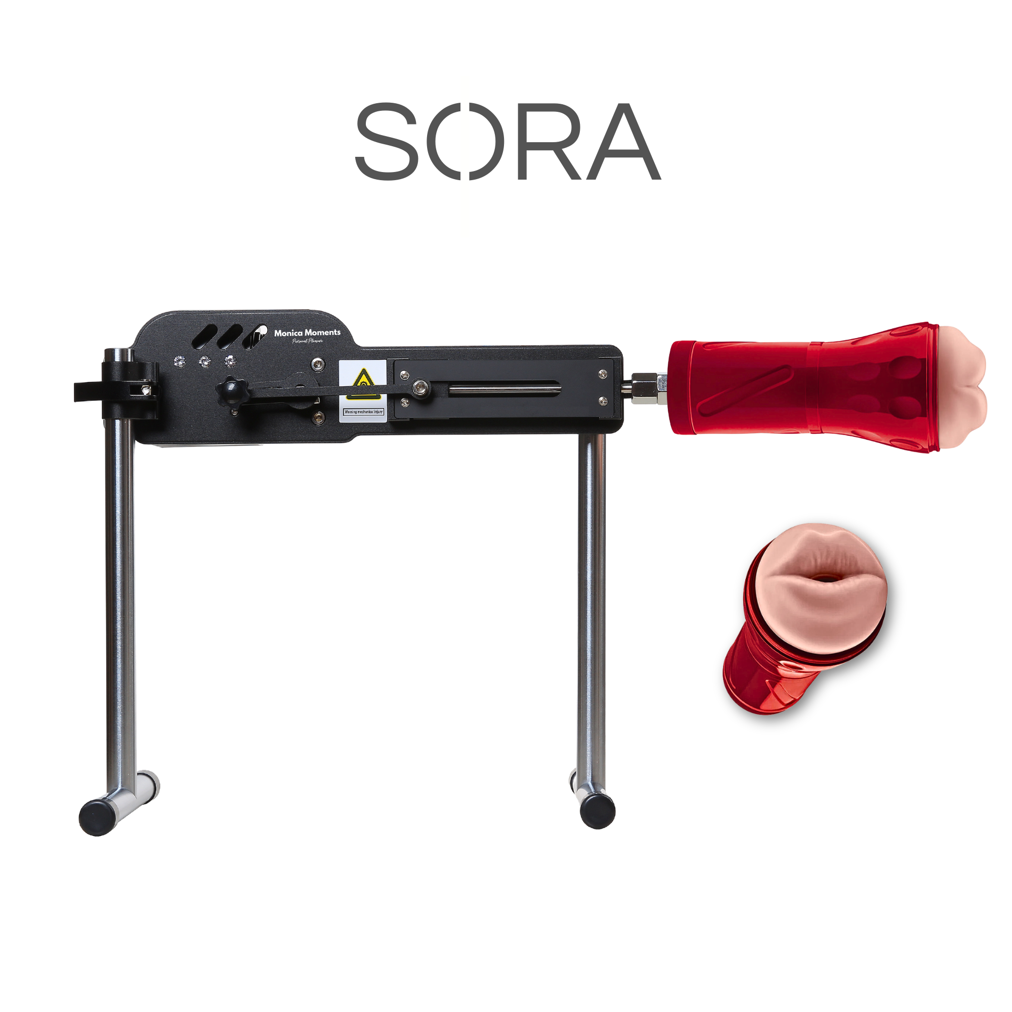 seksmachine met een rode masturbator opzetstuk op een witte achtergrond
