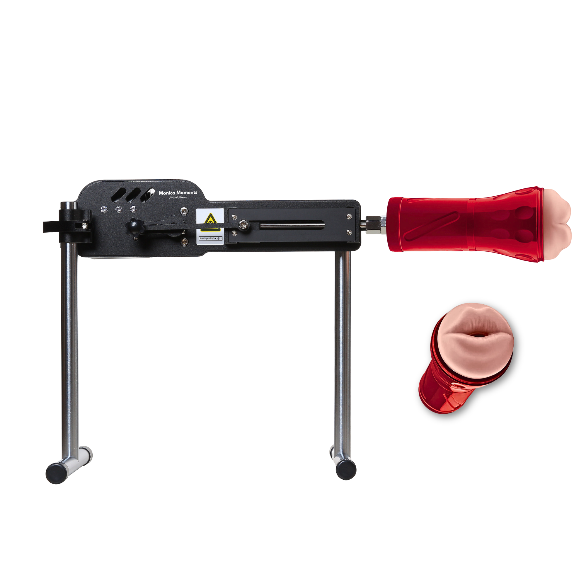 seksmachine met een rode masturbator opzetstuk op een witte achtergrond