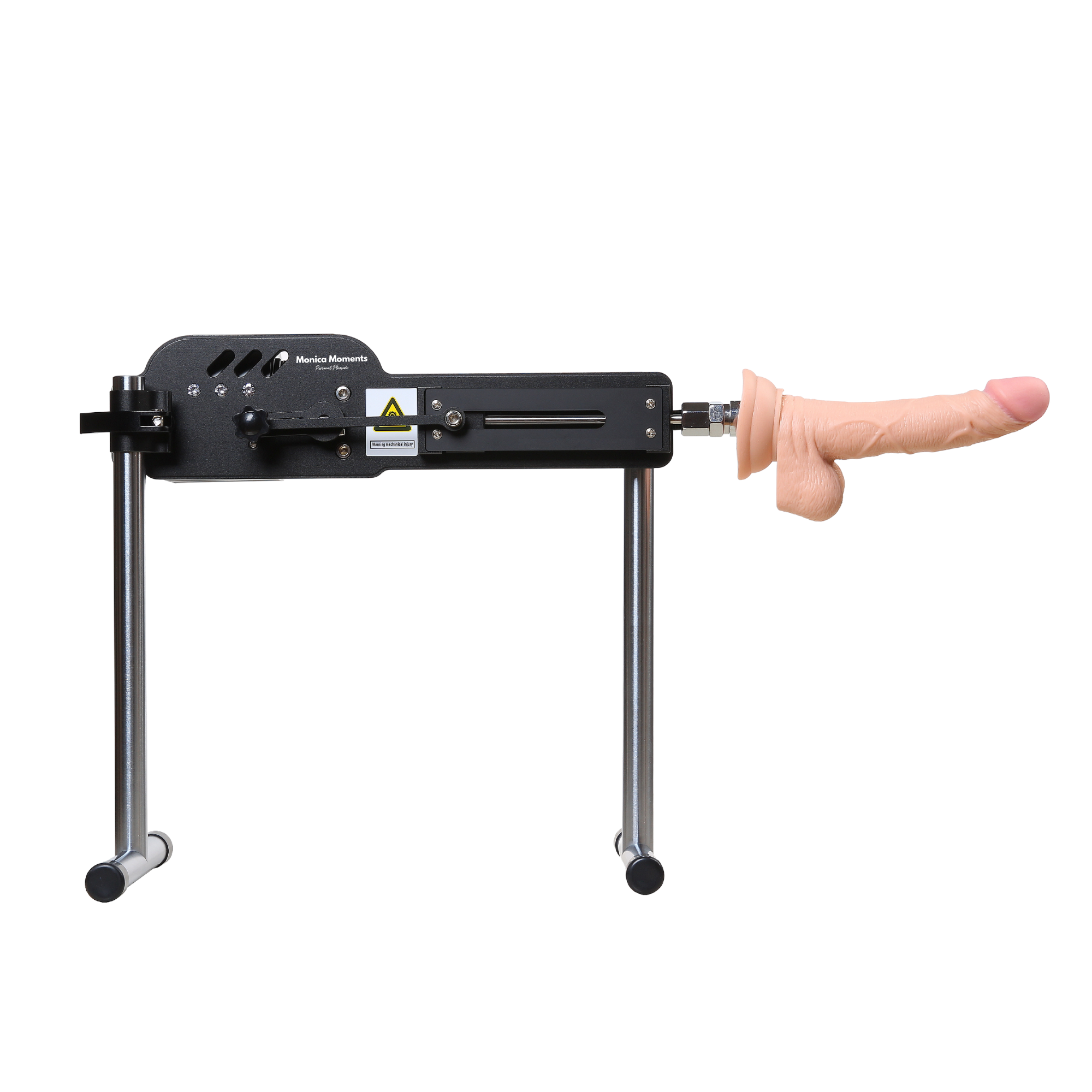 Sex Machine masturbator voor mannen en vrouwen met een stevig metalen frame en hoogwaardige siliconen/TPE-opzetstukken op een witte achtergrond
