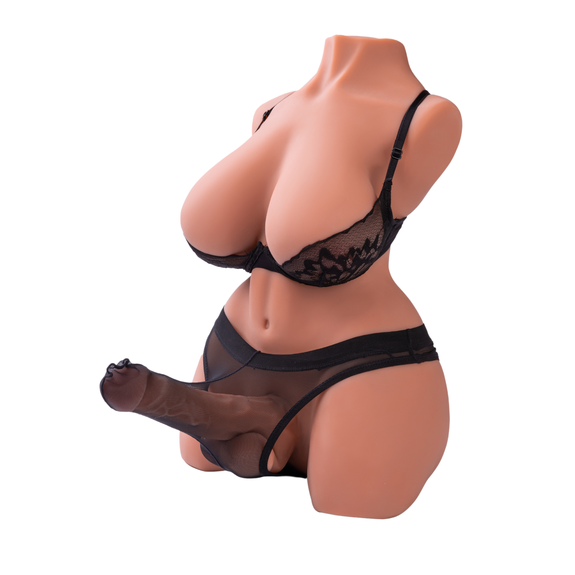 shemale sexpop in zwarte lingerie op witte achtergrond