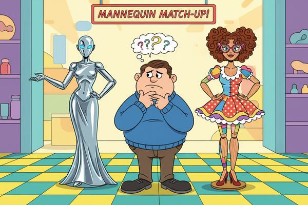 Een man die twijfelt tussen twee verschillende materialen sexpoppen