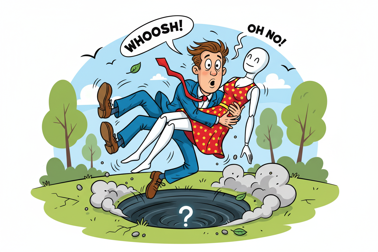 een man die in een valkuil valt met een sexpop