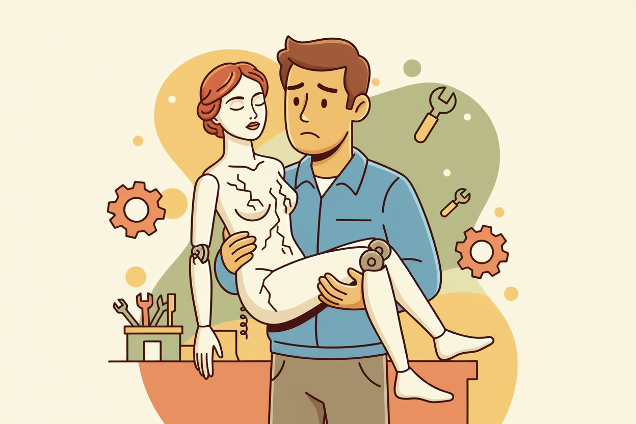 beschadigde sexpop in de armen van een man