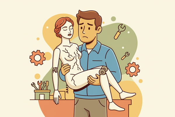 beschadigde sexpop in de armen van een man