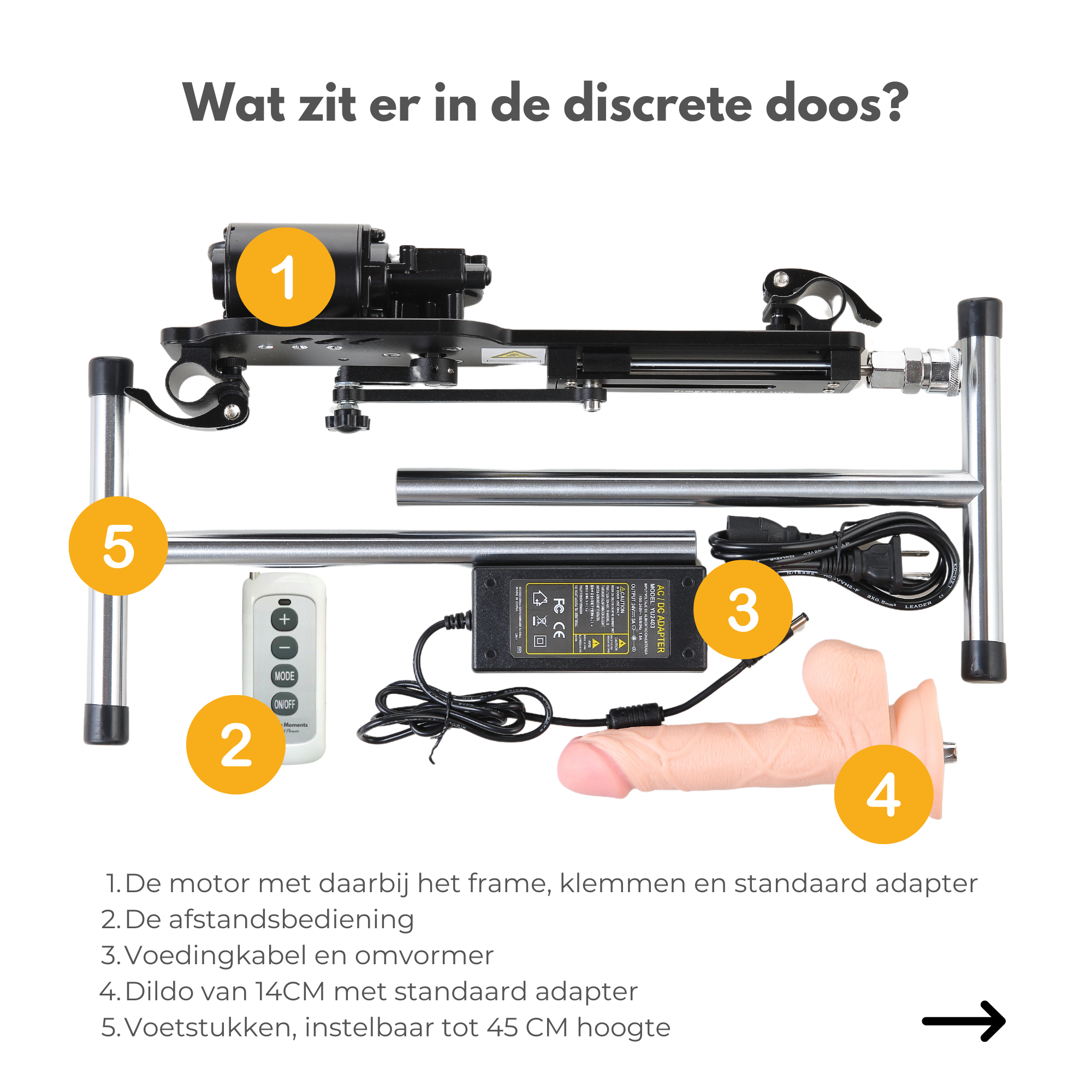 Overzicht van alle onderdelen van een seksmachine pakket op een witte achtergrond