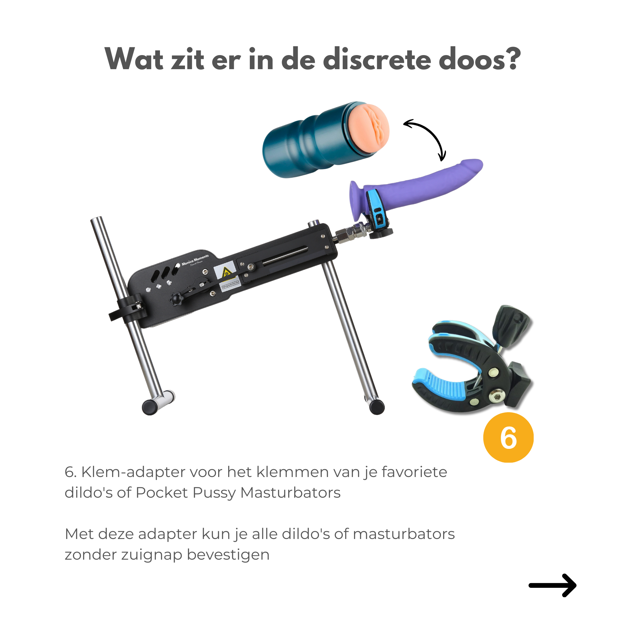Seksmachine met klem adapter in overzicht op een witte achtergrond